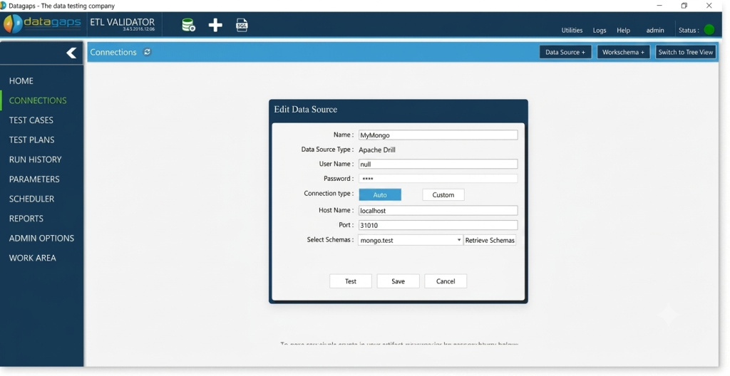 Connecting to Mongo DB using Apache Drill in ETL Validator