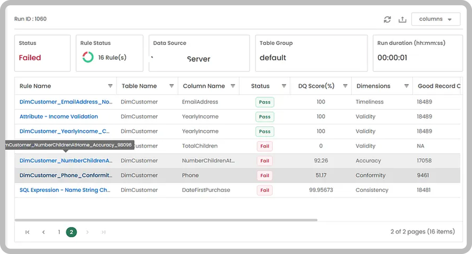 Run summary consolidates results across rules, columns, and dimensions.
