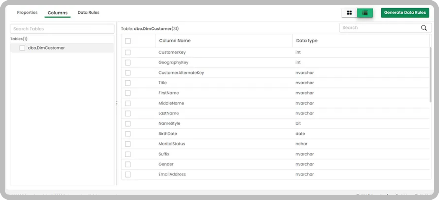 Select the table and columns to scope AI rule generation.