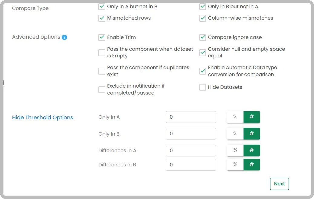 settings to enable for data comparison